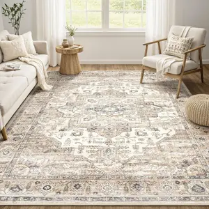 Area Rug 5x7 Washable Vintage - Soft Rugs for Living Room Large Non Slip Backing with Low Pile Farmhouse Oriental Retro Carpet for Bedroom Dining Room or Home Office - Tea Brown