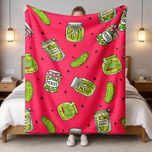 Cartoon Pickle Can Theme Flannel Blanket, Large Size, Soft Lightweight Warm, Perfect for Bed Sofa Office Camping Travel Gift
