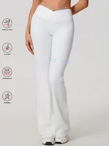 Women's Fashion Ribbed Wide Leg High Waisted Athletic Yoga Pants, Shaping Leggings, No Pocket Slim Fit Cross Front Design, Skinny Yoga Bottoms, Soft Polyester Spandex Fabric, High Waist Activewear, Workout Leggings