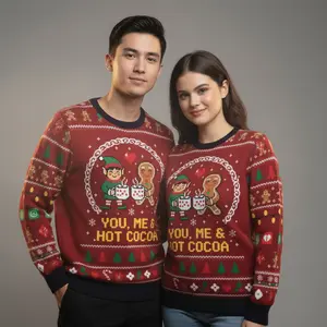 Cute Elf & Gingerbread Man Drinking Hot Cocoa Ugly Sweater