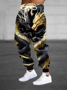 Men's 3D Dragon Printed Sweatpants with Drawstring and Pockets - Casual Stretch Polyester Sweatpants, Chinese Dragon Pattern, Fashion Design, Casual Fitted Pants, Casual Fashion Trousers