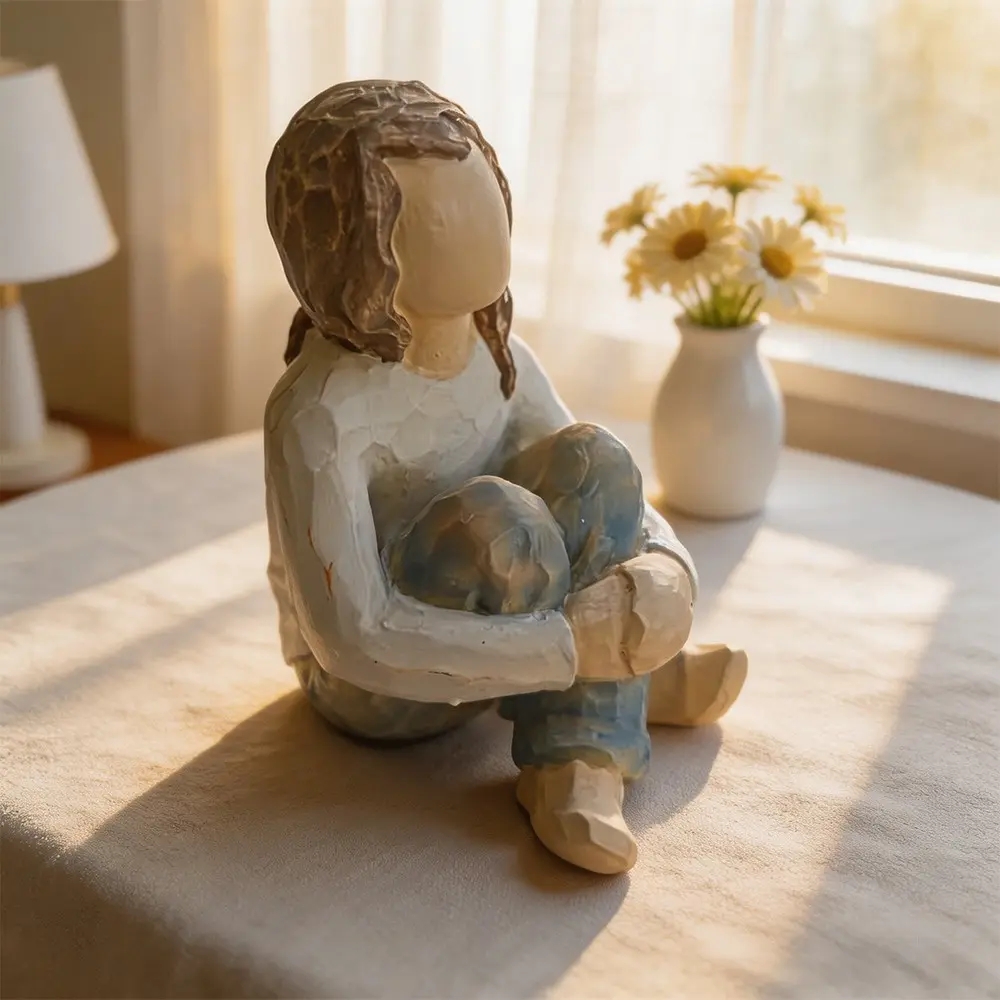 Resin Child Statue, Textured Sitting Girl Ornament, Warm Tone Desktop Craft, Baby Room Decor, Infant Gift, Single Piece