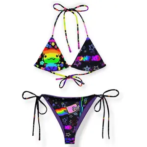 Nyan Cat Rainbow Pixel Bikini Set Women Neon Stars Retro 8Bit Gamer Print Halter Triangle Tie Side Bottom Rave Beach Festival Y2K Funny Cute Swimsuit Comfy Swimwear