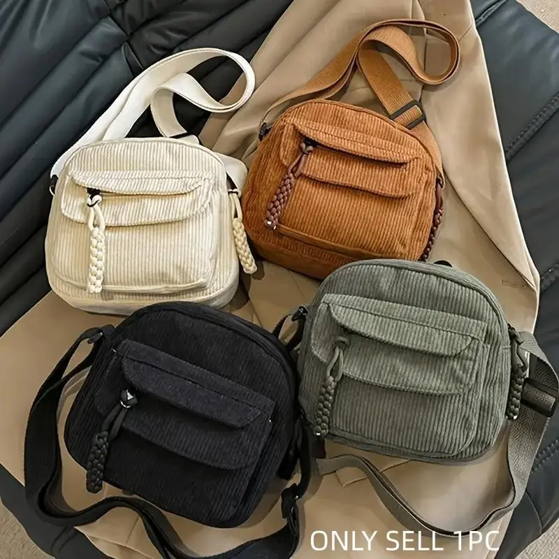 Women's Vintage Harajuku Corduroy Crossbody Bag, Casual Japanese Style Shoulder Handbag, Zipper Closure, Polyester Lining, Casual Bags