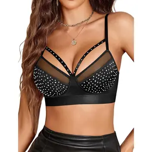 Sexy Bras for Women Rhinestone Wireless Bralettes Lace V Neck Wirefree Bra Strappy Rave Outfit NO Padded with Mesh Overlay Womenswear Overall