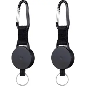 2 Pack Retractable Keychain Heavy Duty Badge Holder Reel Clip ID Carabiner Extendable Key Chain for Man with 25 Inch Steel Wire Rope Lanyard, Bearing 8. 5 oz, Black