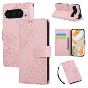 Rose Flip Phone Case for Google Pixel Series, Includes Pixel 10 Pro Xl, Pixel 9 Pro Xl, Wallet, Three Card Slots, Stand, Short Wrist Strap