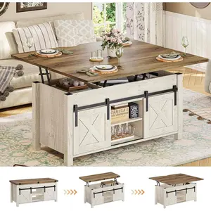 SIKAIC 4-in-1 Multi-Function Lift-Top Coffee Table with Hidden Storage, White Adjustable Height Convertible Dining Table for Living Room