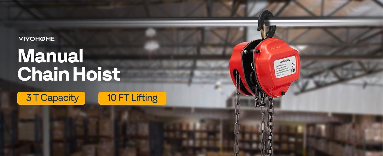 VIVOHOME Chain Hoist 3 Ton 10ft Red, Mini Chain Hoist 6600Lbs, Heavy Duty Pulley Hoist with G80 Manganese Steel Chain, Manual Chain Fall for Garages, Warehouses, and Automotive Tasks