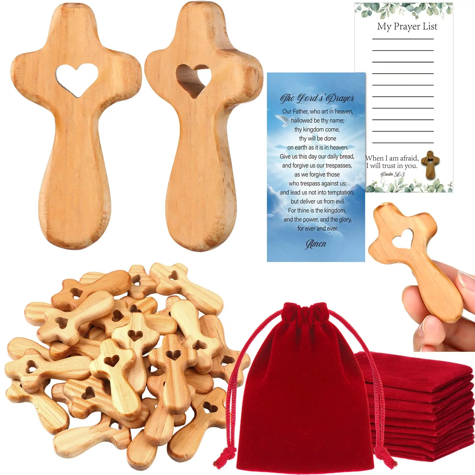 10Set/25Set Cross My Heart Pocket Olive Wood Cross with Bags and Prayer Cards Encouragement Gift for Women Men Prayer Baptism First Communion Gifts Home Decor Easter Gift