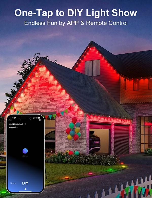 RGB Eave Outdoor Lights, Permanent Outdoor LED Colorful Eave Lights, with APP Control and Remote Control, DIY Mode, IP67 Waterproof. RGB Eave Outdoor Lights, Permanent Outdoor LED Colorful Eave Lights, with APP Control and Remote Control, DIY Mode, IP67 Waterproof.