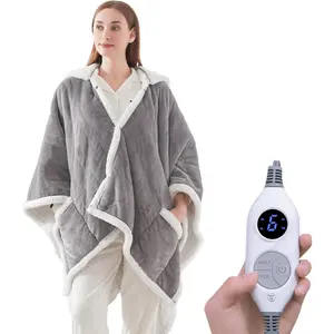 Wearable Heated Throw Blanket, Electric Heated Wrap Poncho Shawl with Pockets, 6 Heating Levels & 2 to 10 Hours Time Settings, 50 x 60 Inch, Light Grey