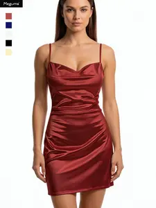 Y2K Women's Satin Spaghetti Strap Dress, Ruched Slim Fit Mini Evening Party Dress, Sleeveless Short Dress for Parties Nightclubs Cocktails, Womenswear
