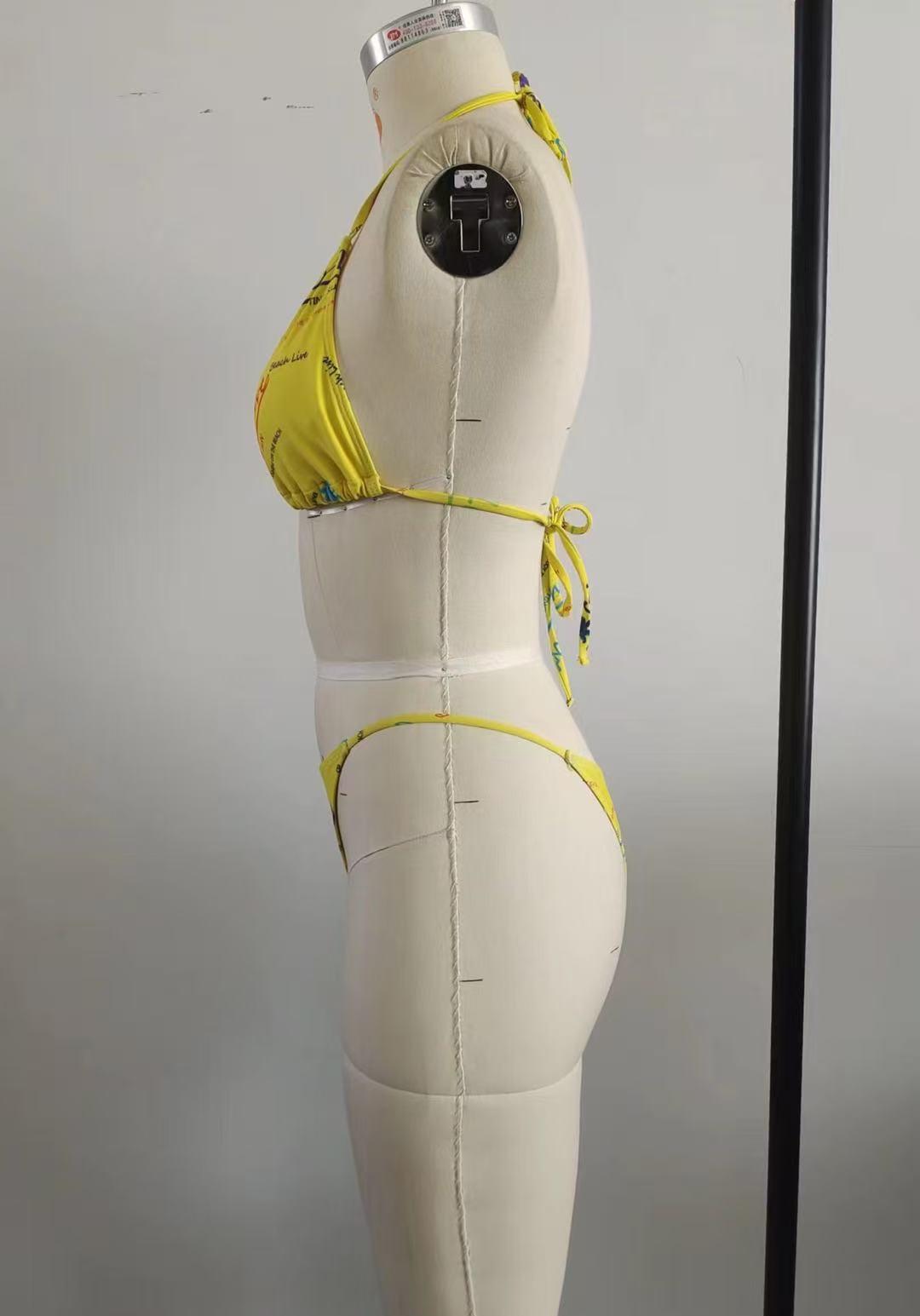 Women's 3-piece swimsuit set - tropical style | yellow printed bikini, high waist to show figure, adjustable neck tie, quick drying fabric | suitable for summer beach vacations, pool parties | swimsuit