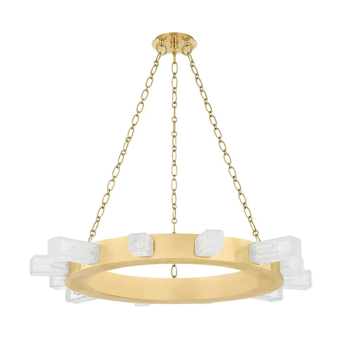 Citrine Chandelier with Vintage Brass Ring and Textured Clear Piastre Glass Cubes