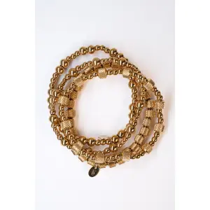 Golden Favor 316L Stainless Steel 4 Piece Bracelet Stack All-Gold Beaded Stretch Fit Tarnish-Resistant Hypoallergenic Everyday Wear