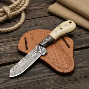 Cowboy Knives with Leather Sheath - 8" Sharp Handmade Damascus Bull Cutter Knife - EDC Fixed Blade Hunting Knife for Skinning, Camping, Bushcrafting and Outdoor Activities, white