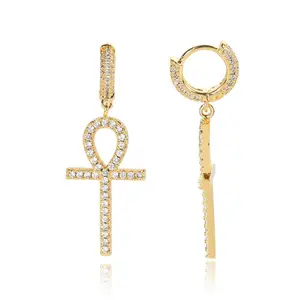 Ankh Cross Dangle Earrings For Men Gold Color Ice Out Zircon Women Accessories Fashion Hip Hop Rock Jewelry