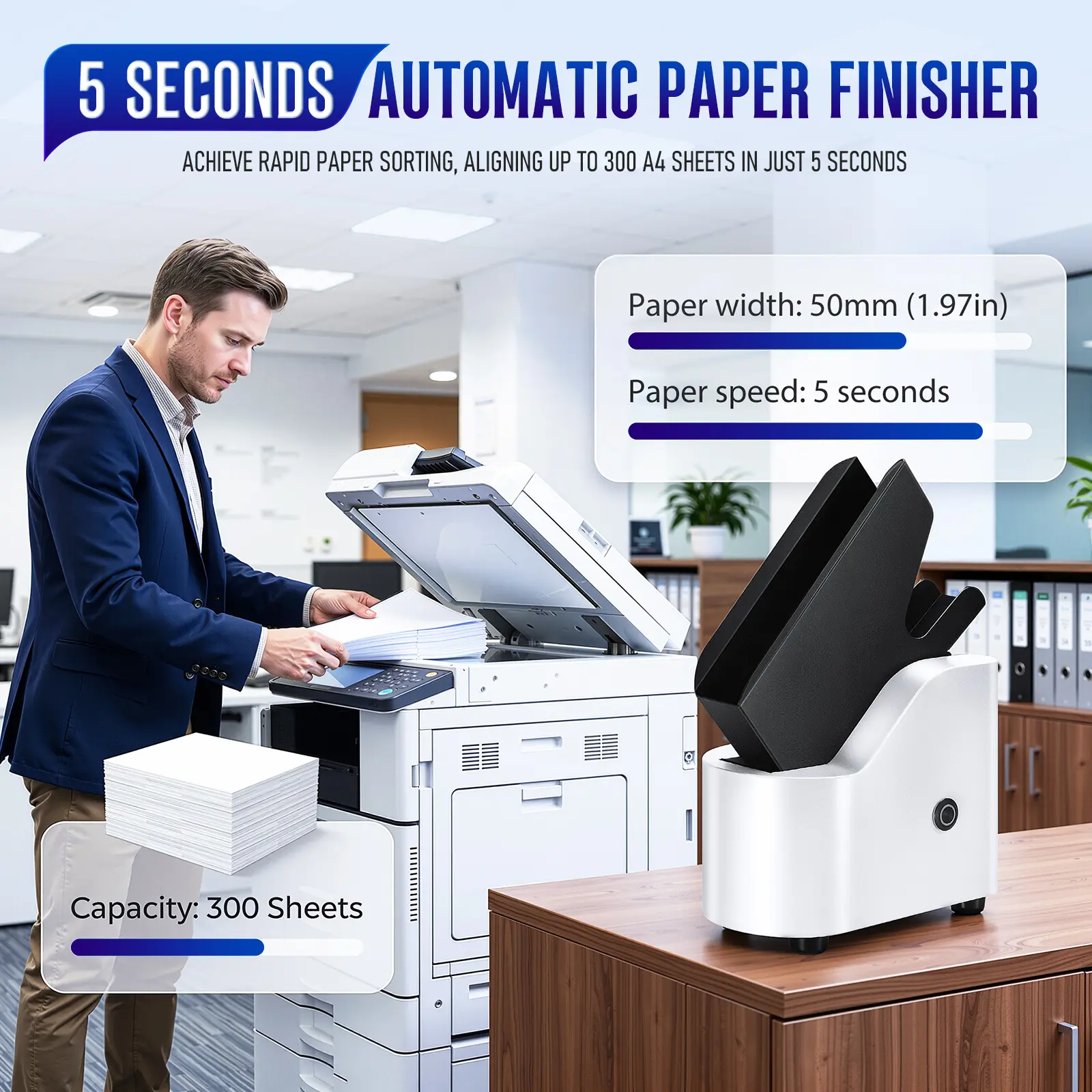Commercial Paper Jogger, 30W Electric Paper Shaker & Alignment Machine with 300 Sheet Capacity, Air Separation and Static Reduction for Print Shops, Offices, Schools and Binding