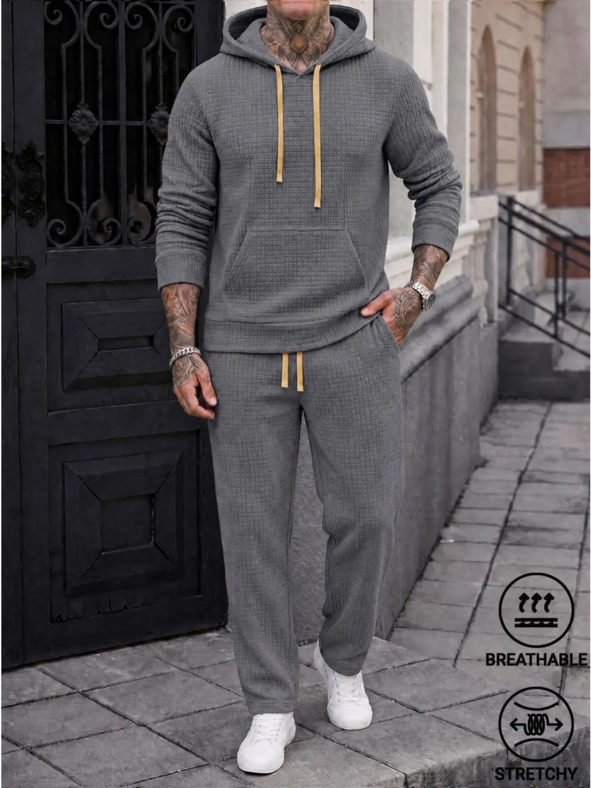 Men's Waffle Knit 2 Piece Tracksuit, Pullover Hoodie With Kangaroo Pocket & Drawstring Straight Pants, Stretch Breathable Casual Matching Set For Daily Street Wear 4 Colors Available