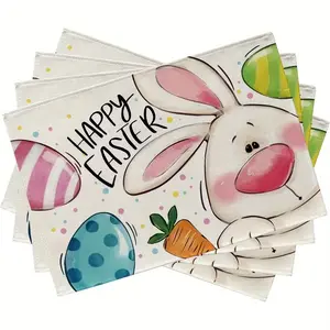 2D flat printing, set of 2/4/6/8 Easter placemats, featuring a joyful Easter bunny design with cute bunny, egg, carrot, and polka dot patterns. Very suitable for dining tables and farmhouse style kitchen decoration