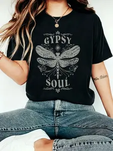 Women's Dragonfly Print Round Neck Tee, Vintage Trendy Casual Streetwear Short Sleeve T-shirt for Daily Wear, Ladies Summer Outfit, Top, Womenswear, Everyday Wear