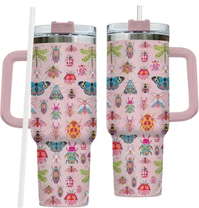 Butterfly Tumbler 40 oz With Handle and Straw – Insulated Stainless Steel Butterfly Insect Print Travel Mug, Large Capacity Water Bottle, Cute Nature Gift for Women, Bug Lover Birthday Gift