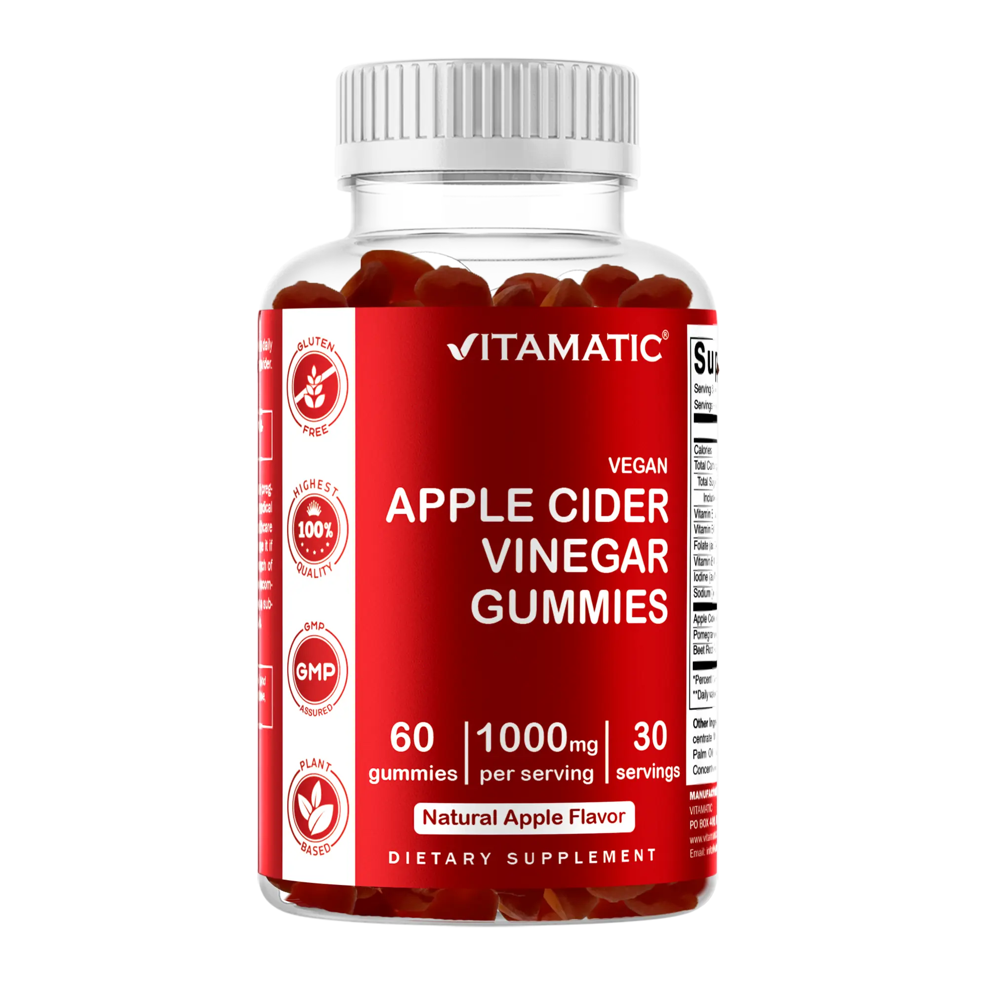 Vitamatic Cider Vinegar Gummy Vitamins - 1000mg Per Serving, 60 Pieces, Sugar Free, Vegan, Dairy Free Supplement for Health & Fitness (Minerals & Wellness Supplements)