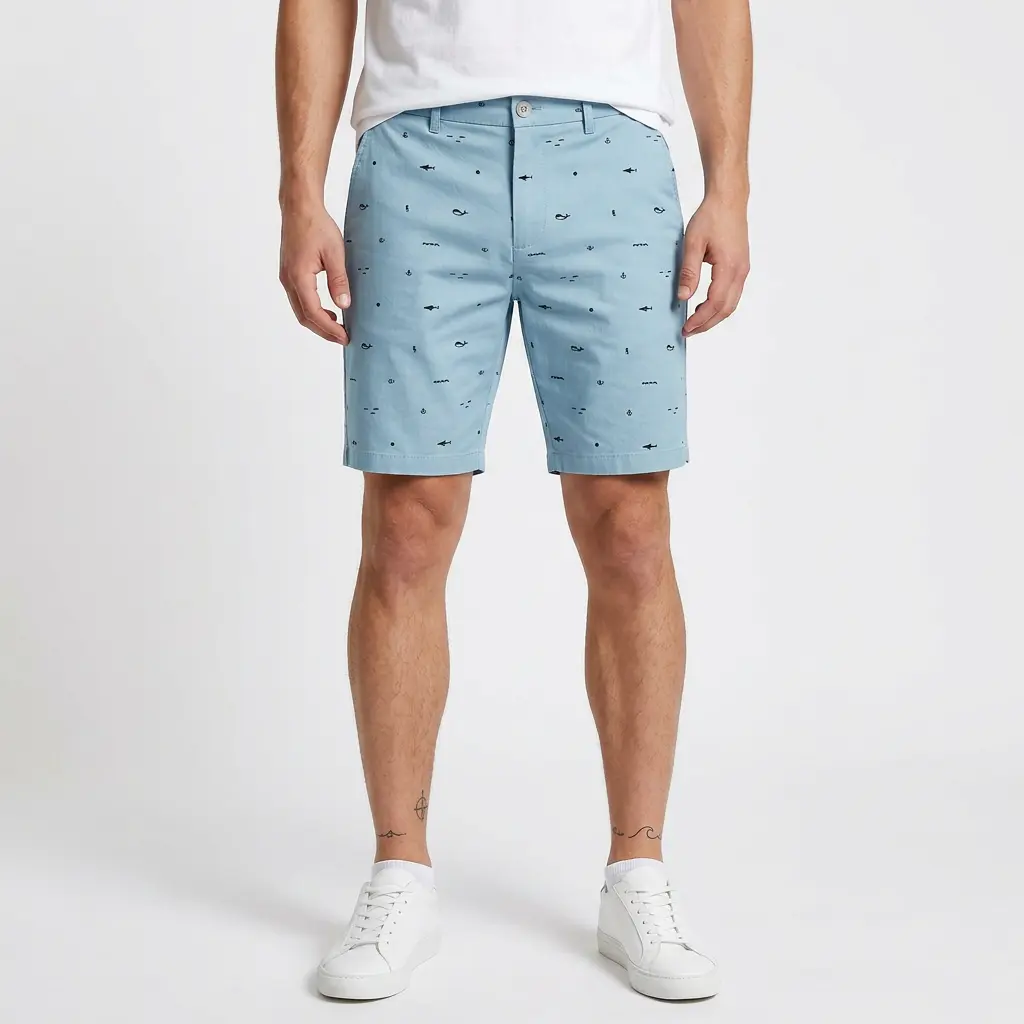 Men's Pull-On Casual Cotton Blend Shorts, Summer Breathable Street Fashion Shorts, Versatile Soft Blue Shorts