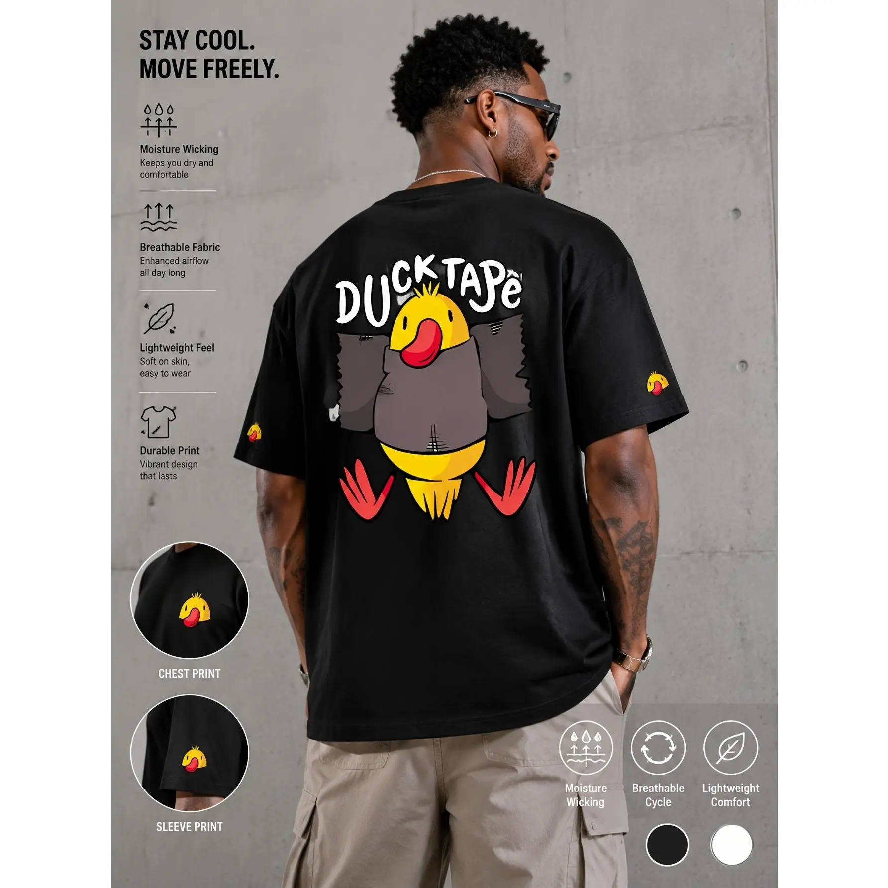 Oversized Drop Shoulder Casual Top With Funny Cartoon Duck Duck Tape Print, Breathable Lightweight Moisture Wicking Fabric, Durable Print Unisex Streetwear In Black And White