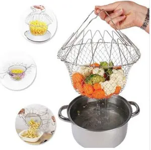 Deep Fry Basket Stainless Steel Multi-function Foldable Chef Cooking Basket Flexible Kitchen Tool for Fried Food Washing Fruits Vegetables