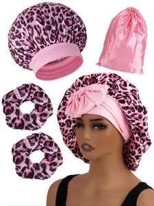 Leopard Print Bonnets Set, Kit Includes Sleep Caps and Storage Bags, Adjustable Wide Band Design, Soft Satin Silk Material, Perfect Gift, Adjustable Hair Bonnet, Elastic Hair Bonnet