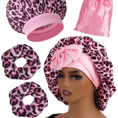 Leopard Print Bonnets Set, Kit Includes Sleep Caps and Storage Bags, Adjustable Wide Band Design, Soft Satin Silk Material, Perfect Gift, Adjustable Hair Bonnet, Elastic Hair Bonnet, Bonnets for Sleeping