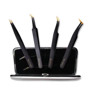 SJ LASHES Eyelash Tweezers Set 4 Counts Precision Stainless Steel Lash & Eyebrow Tweezers Black with Gold Tip Makeup Tools for Professional Use Classic Volume Fans Tweezers