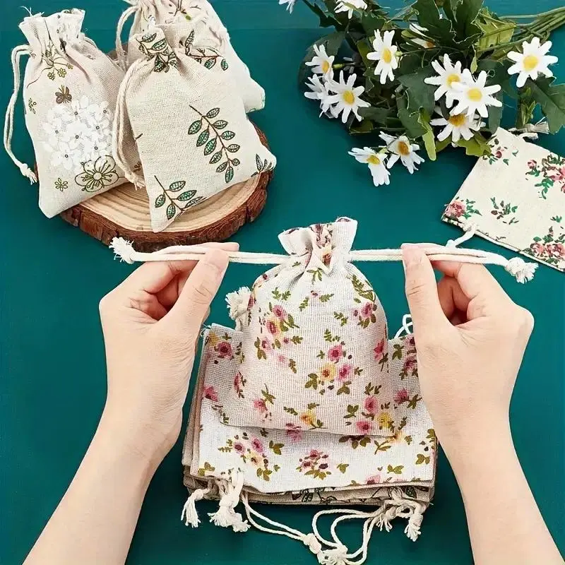 50 Rustic Floral Print Linen Drawstring Bags - 5.5x3.9 Inch, Great for Jewelry, Wedding Decorations, Rustic Party Favors, Drawstring Gift Bags, Great for Wedding And Craft Storage