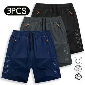 Men's 3-Pack Athletic Shorts with Zipper Pockets, Laser-Cut Breathable Training Shorts, Quick-Dry High Elasticity Gym Running Shorts