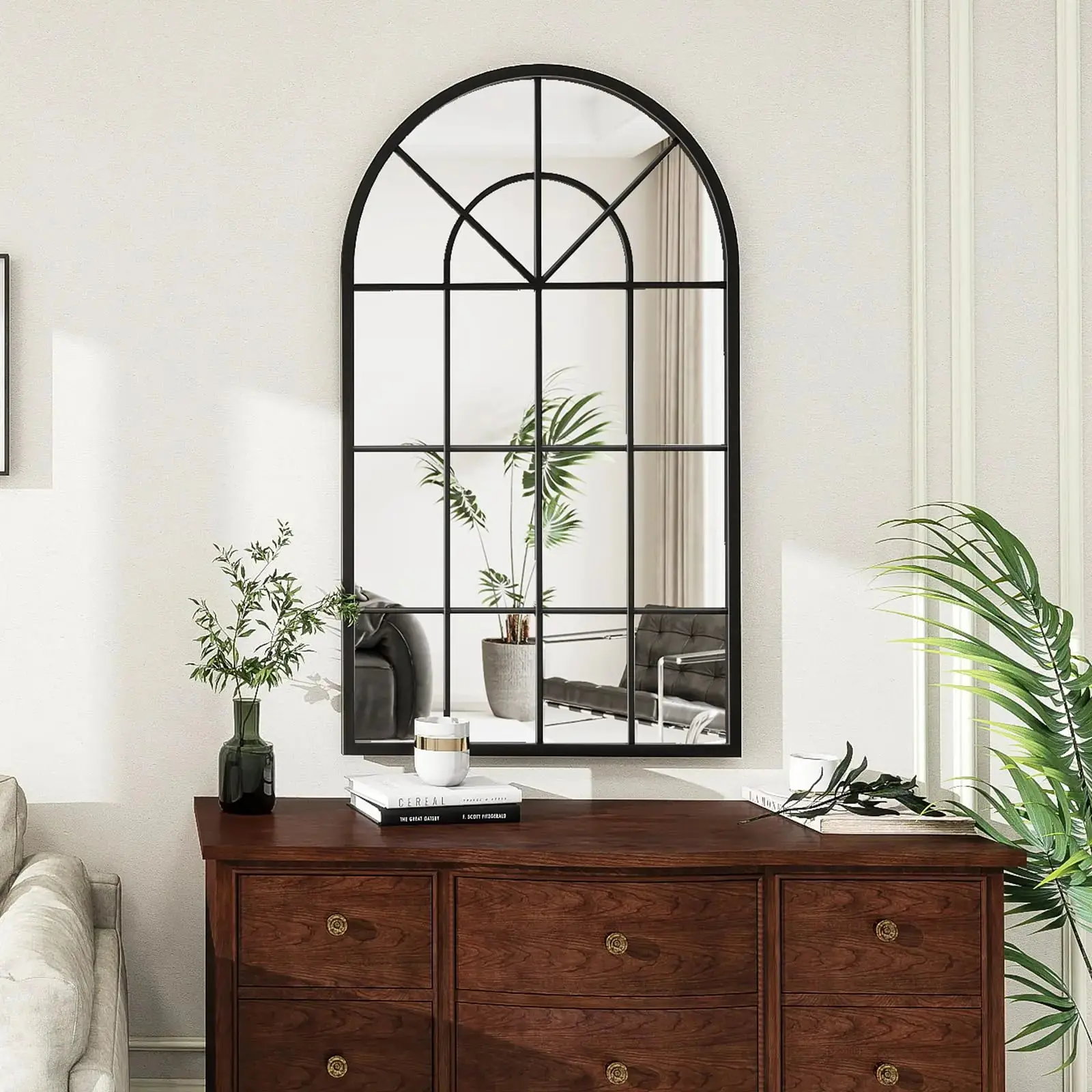 Arched Window Pane Mirror  Black Iron Frame Wall-Mounted Dcor 2 Sizes