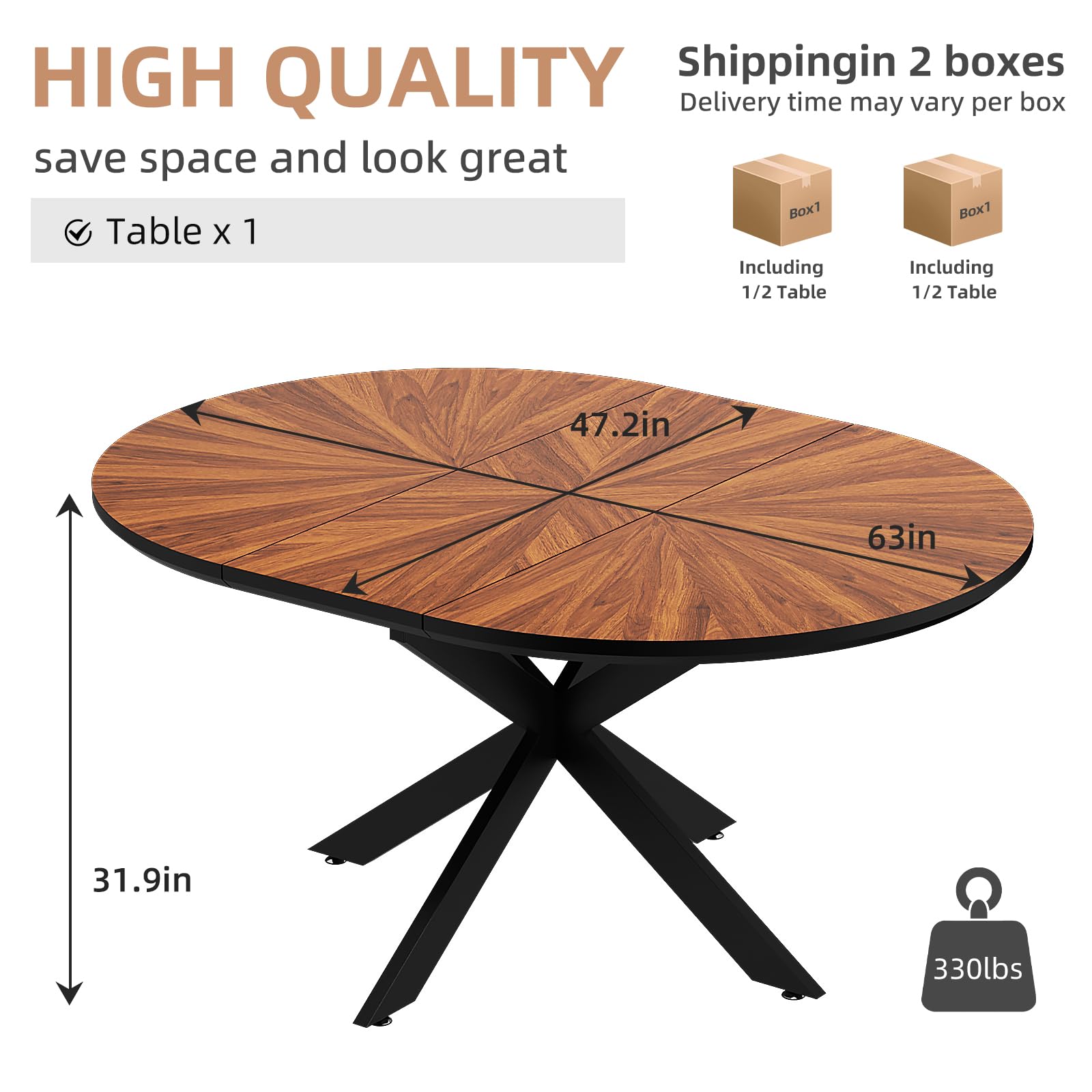 47.2"-63" Extendable Round Dining Table for 4-6, Modern Farmhouse Kitchen Oval Dining Table with Removable Leaves Space Saving, Expandable Table, Solid Wood Tabletop & Metal Frame, Walnut Dining Room Furniture