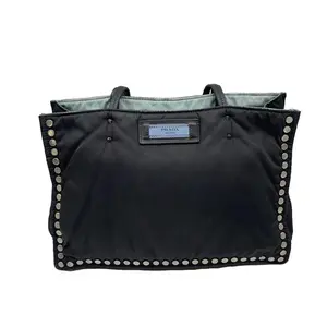 Pre-owned PRADA Vintage Black Nylon Studded Tote Shoulder Bag/WJ03117337/7337