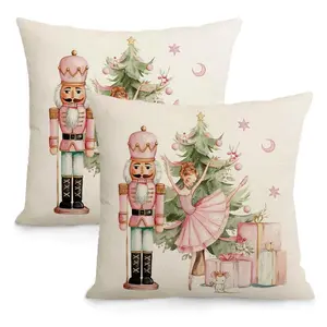 BZ- 2pcs DOKRIY Nutcracker Soldier & Ballerina-like Female Doll-like Figures Inspired Pink Christmas Cushion Set - Nutcracker Dolls Design, Zippered Cover, Machine-Washable Sofa Decorative Pillowcases for Farmhouse Holiday