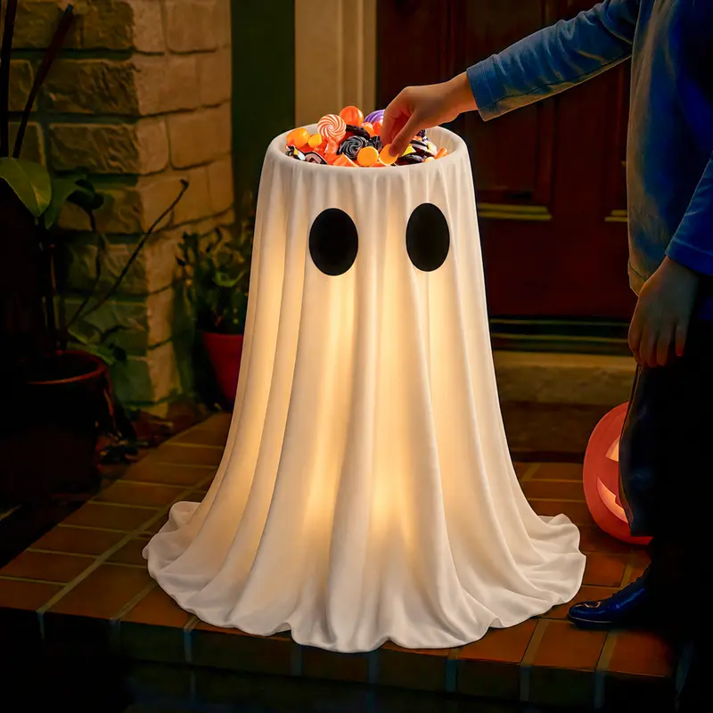 Spooky Glow-in-the-Dark Ghost Candy Holder Bowl - Halloween Ornaments with String Lights, Timer, Remote, Indoor-Outdoor Home Lawn & Outdoor Party Decor for Trick-or-Treating