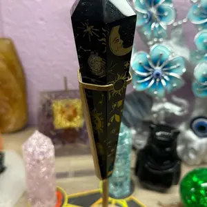 Gold Etched Astrology Obsidian Wand with Stand – Protection, Celestial Wisdom & Cosmic Alignment