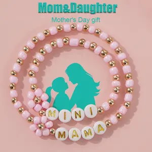 2pcs Handmade Pink Glass Beads Braided Daisy Flower "MAMA" Letter String Bracelet Set - Mom & Daughter Bracelets - Mother's Day Gift - "New Mom" Greeting Card