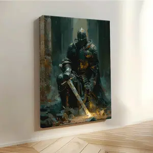 1 Piece Ancient Ruins Kneeling Armored Knight Holding Sword Wall Art, Decorative Artwork - 2D Printed Canvas with Frame, Suitable for Living Room, Bedroom, Medieval Theme Party Interior - Canvas and Wooden Frame, Medieval Style Decoration, 2D Surface