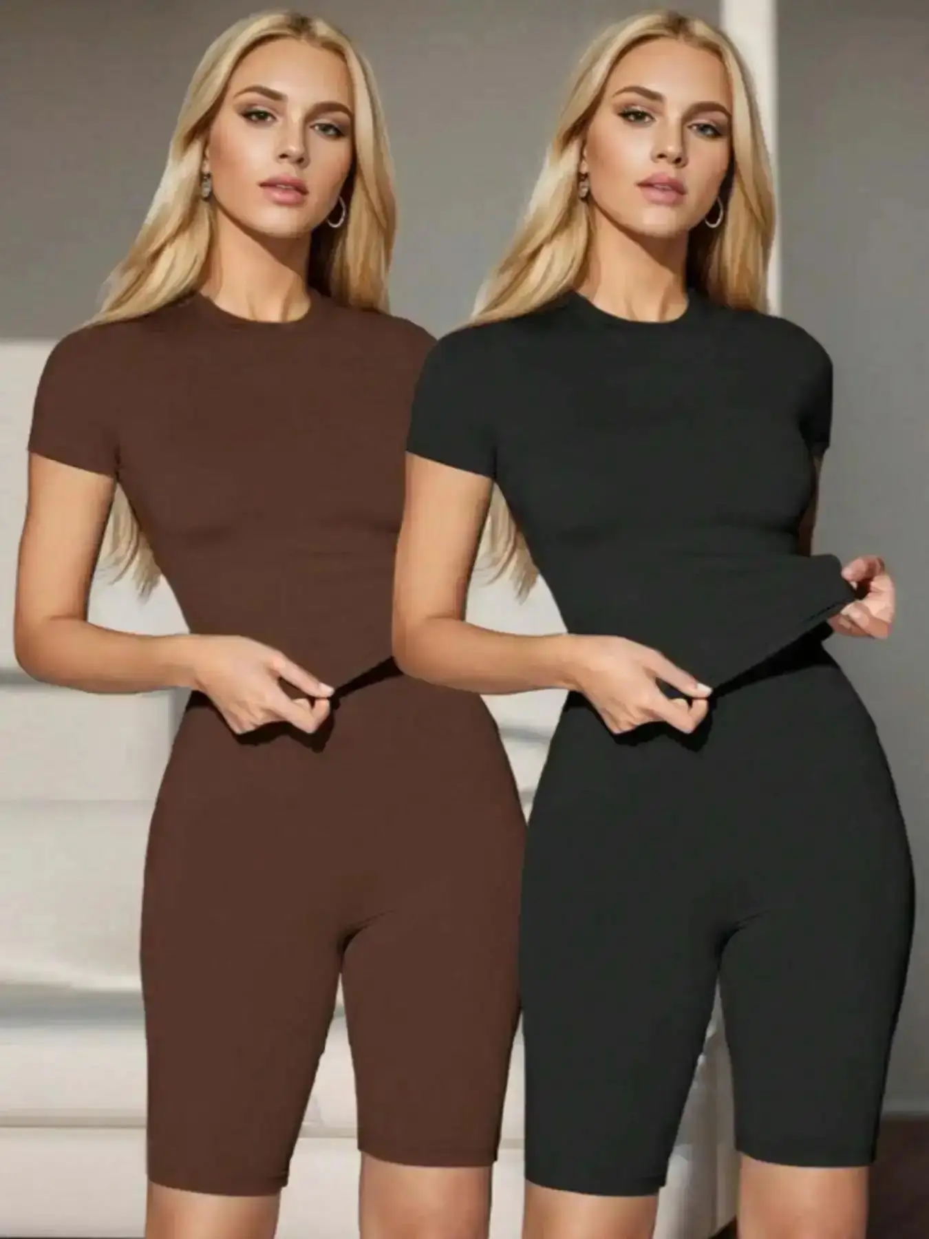 Four-piece Set Women's Basic Solid Round Neck Tee & Elastic Waist Shorts Set, Fall Outfits 2026 Sets, Back To School Outfits, Casual Short Sleeve T-shirt & Shorts, Ladies Fall Clothes, Classic, Soft