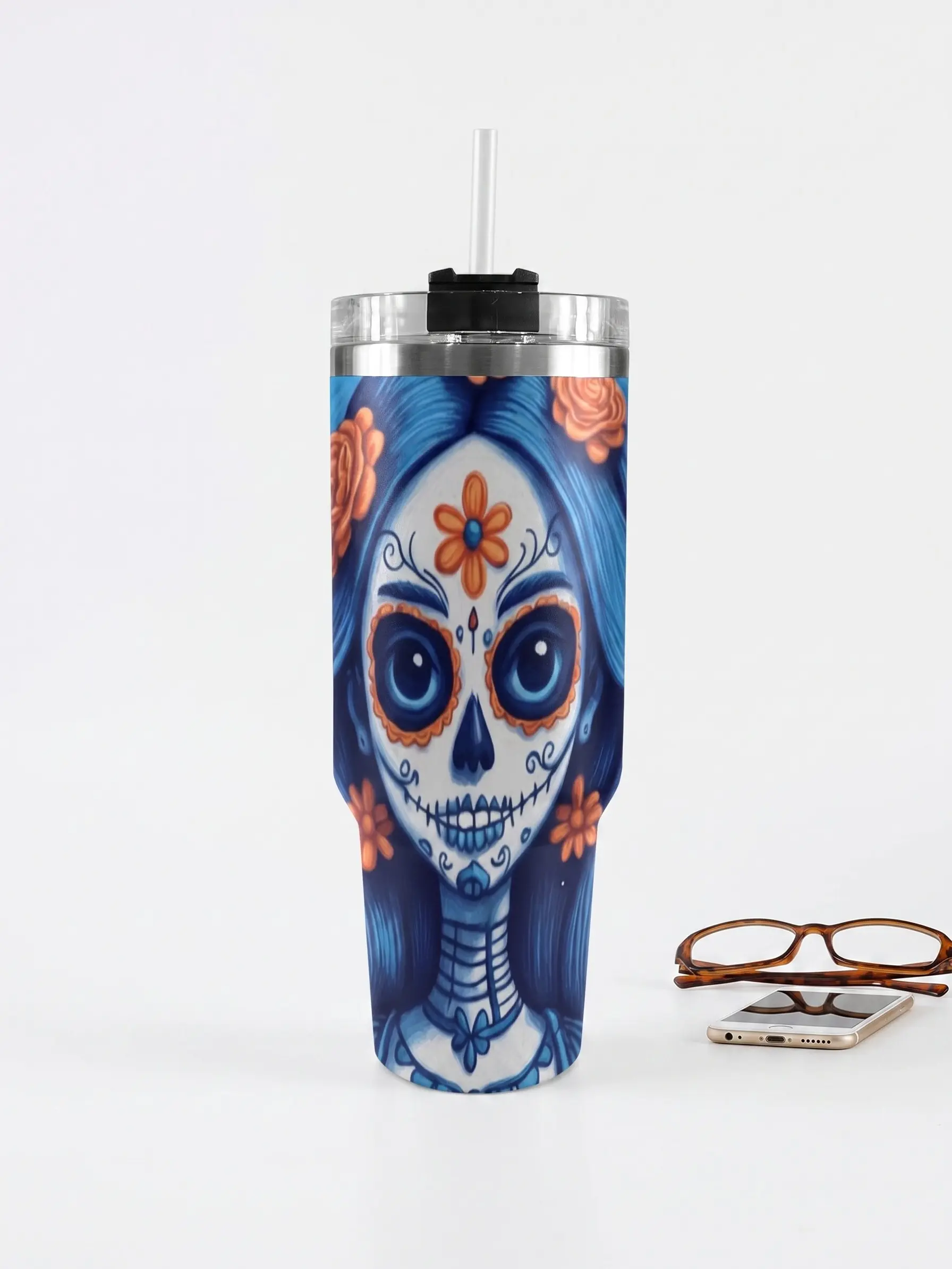 40oz Cute Sugar Skull Girl Stainless Steel Tumbler with Handle - Kawaii Calavera Stylish Portable Insulated Coffee Flask, Floral Gothic Mexican Art Drinkware, Water Bottle