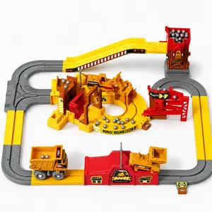 Construction Track Set for Kids with Dump Truck, Engineering Vehicle Rail Playset with Rock Loading Station, Conveyor Belt & Interchangeable Motor Chassis, Construction Toy for Boys