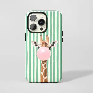 Giraffe Bubble Gum Phone Case, Green Striped Animal Cover, Funny Hand Painted Aesthetic Protective Design Case
