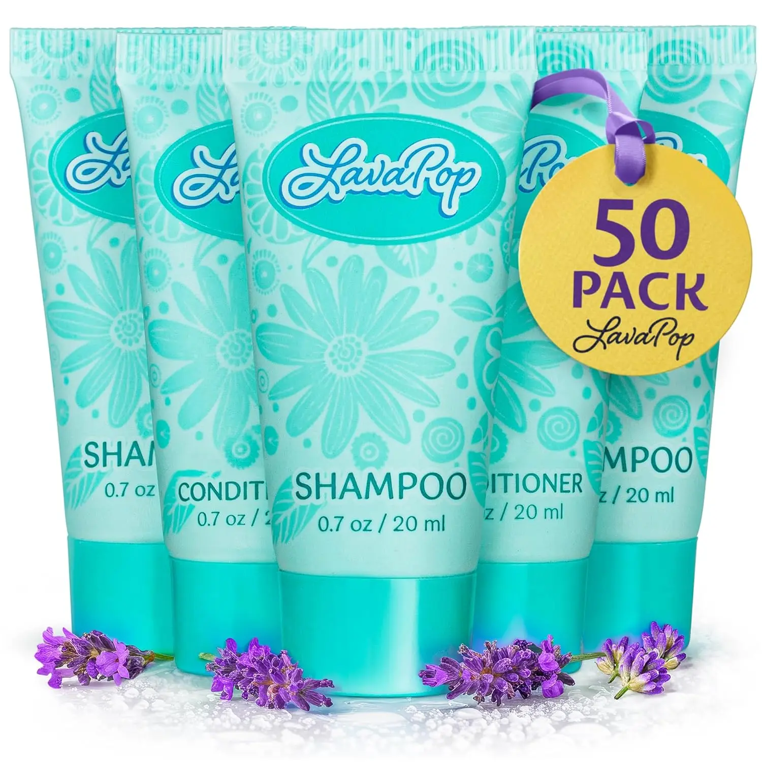 LavaPop Hotel Toiletries Iris Violet and Amber 0.7 oz Pack of 50 Each, Bulk Hotel Amenities Available in Shampoo Conditioner Soap and Lotion Configurations for Airbnb Guest Rooms, TSA Approved Vegan