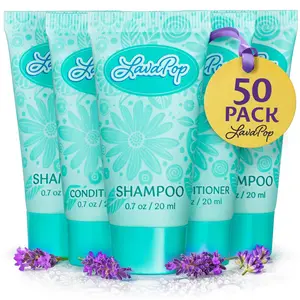 LavaPop Hotel Toiletries Iris Violet and Amber 0.7 oz Pack of 50 Each, Bulk Hotel Amenities Available in Shampoo Conditioner Soap and Lotion Configurations for Airbnb Guest Rooms, TSA Approved Vegan